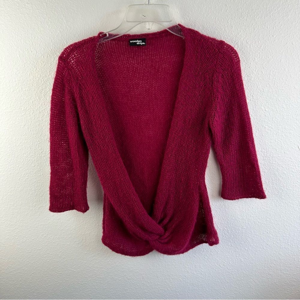 Wooden Ships Burgundy Open Knit Cross Over Sweater Wool Mohair Blend Size S‎